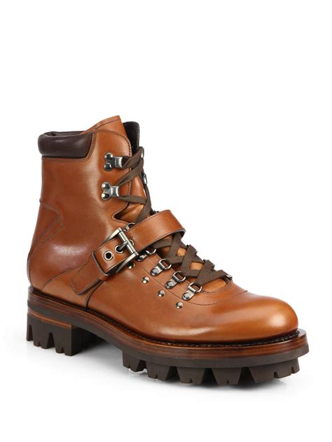 Prada Calfskin Laced Buckle Boots in Brown for Men - Lyst