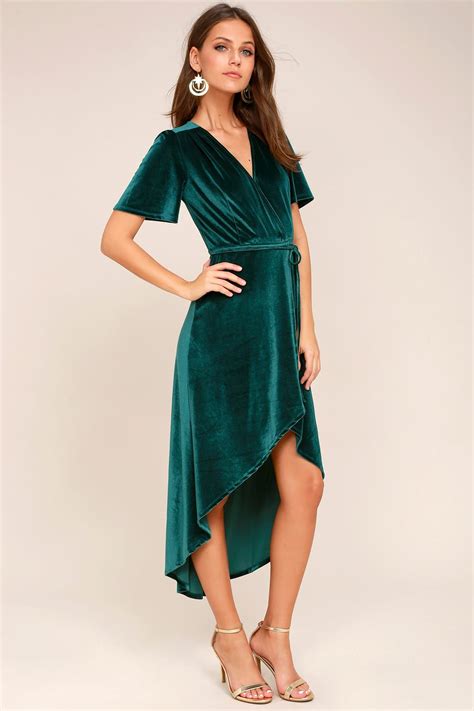 Amour Teal Green Velvet High-Low Wrap Dress | Womens velvet dresses ...