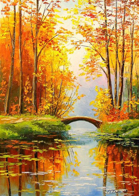Bridge in the autumn forest, Paintings, Impressionism, Botanical, Landscape, Nature, Canvas, Oil ...