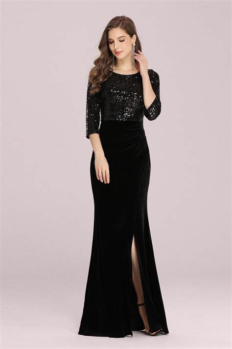 Formal Long Black Evening Velvet Dress With Sequined 3/4 Sleeves - $64. ...