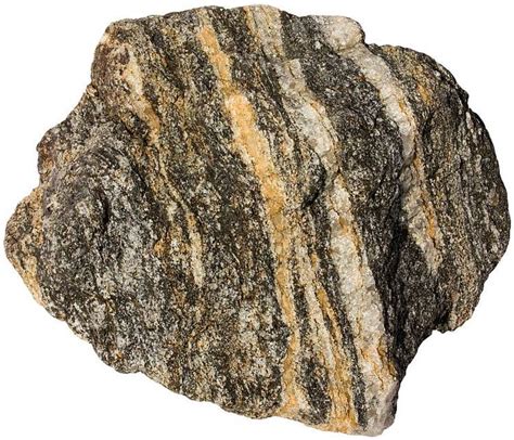 Schist: Medium Grade Metamorphic Rock with Yellow Stripes