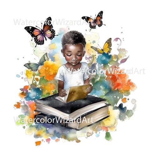 Watercolour Black Kids Clipart, Kids Reading Books Clipart, Book Lover ...