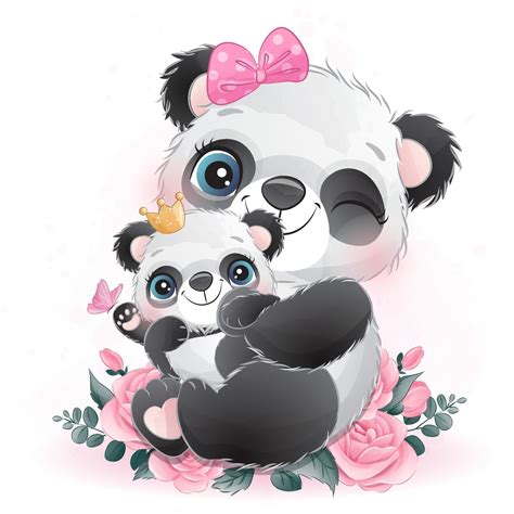 Cute little panda with watercolor illustration 2063668 Vector Art at ...