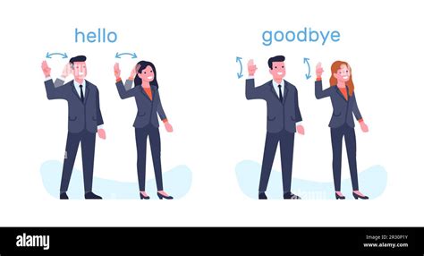 Sign language of deaf people, man and woman showing greeting and farewell phrases. Hand gestures ...