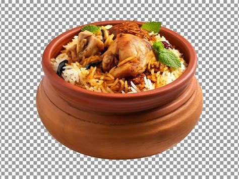 Premium PSD | Tasty chicken biryani in clay pot isolated with transparent background