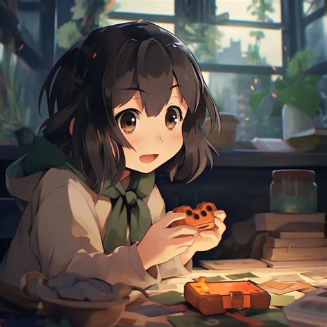 Premium AI Image | Anime girl eating a cookie at a table with a window ...