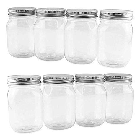 Cornucopia 16-Ounce Clear Plastic Mason Jars (8-Pack, Silver Metal Lids); PET BPA-Free Mason ...