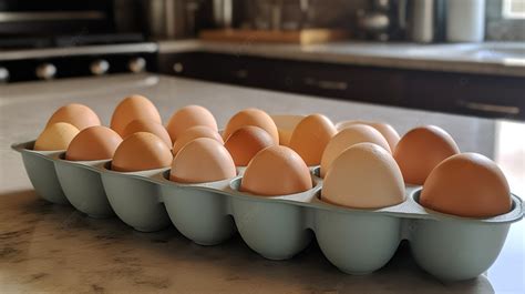 An Egg Carton Has A Dozen Eggs In A Blue Tray In Front Of A Kitchen Counter Background, Picture ...