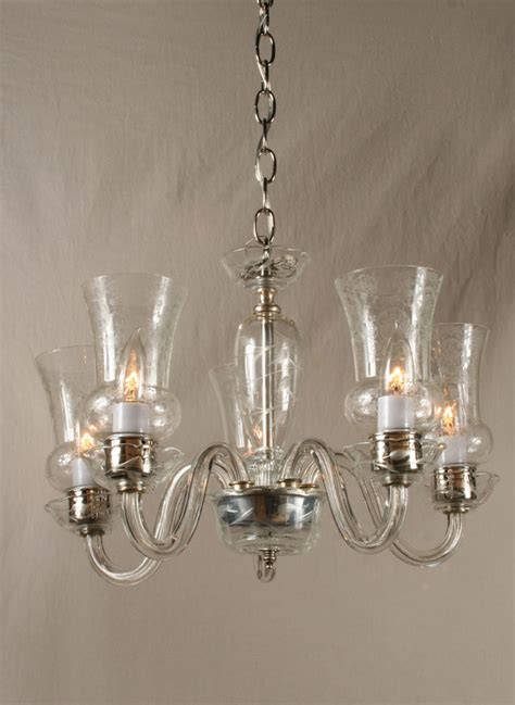 Crystal Chandelier w/ Etched Details & Glass Hurricane Shades, c. 1940