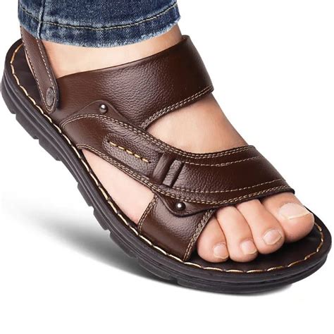 Genuine Leather Men's Sandals Open Toe Slip On Fashion Casual Shoes Men Men Slippers Roman ...