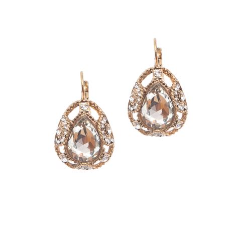 Tear Shaped Crystal Earrings - Clear/Gold