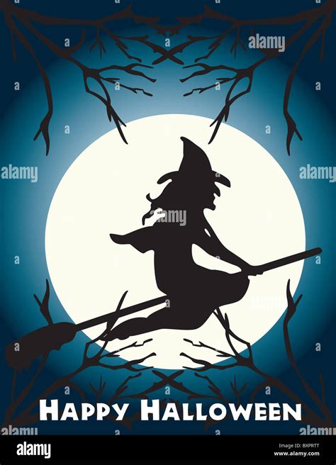 Halloween flying witch on a broom scene, full . Vector illustration ...