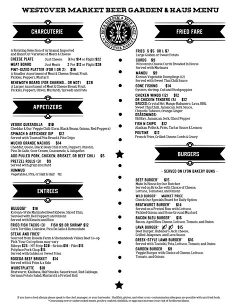 Westover Market & Beer Garden - Menu