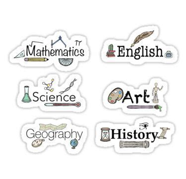 six stickers with different types of science and art related items on ...