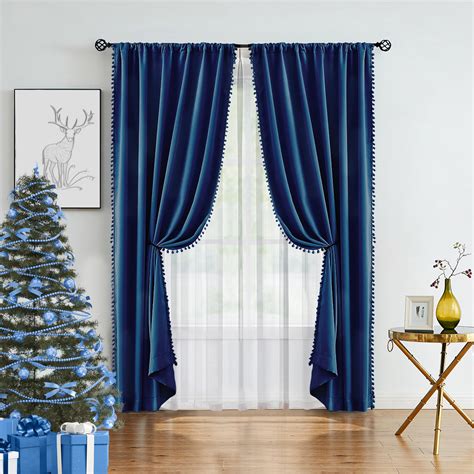 Exultantex Royal Blue Pompom Blackout Curtains for Bedroom/Living Room ...