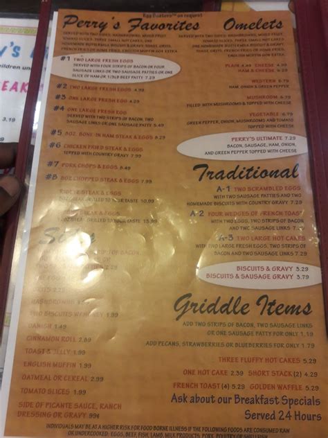 Menu at Perry's restaurant, Oklahoma City