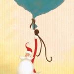 The funny christmas drawing - Santa claus flying over the city and dropping presents — Stock ...