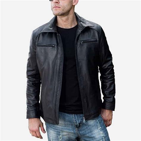 Men's Basic Black Leather Jacket With Shirt Collar