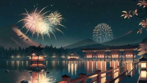 Fireworks on a Night Sky Festival Celebration Visual Novel Anime Manga ...