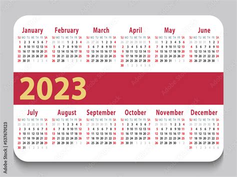 2023 pocket calendar. Template calendar grid. Horizontal orientation ...