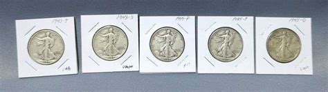 Walking Liberty Half Dollars, Qty 5, Including 1943 P, 1943 S, 1944 P ...