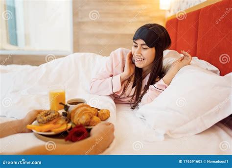 Romantic Love Couple, Breakfast and Rose in Bed Stock Photo - Image of handsome, couple: 176591602