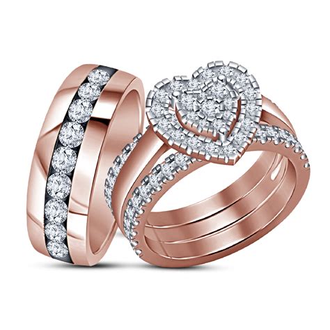 His And Hers Wedding Bands and Her Ring Rose Gold Finish Diamond Trio Ring Set - CZ, Moissanite ...