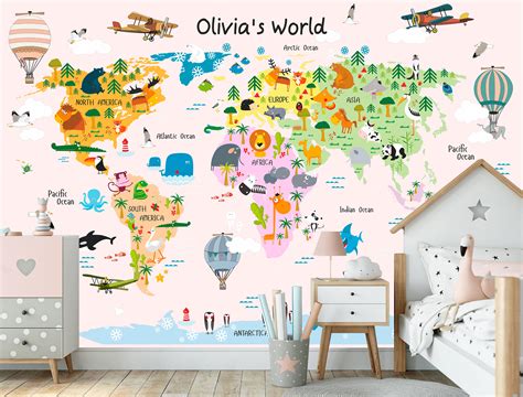 Cartoon World Map Wall Mural Peel and Stick Wallpaper Boys - Etsy