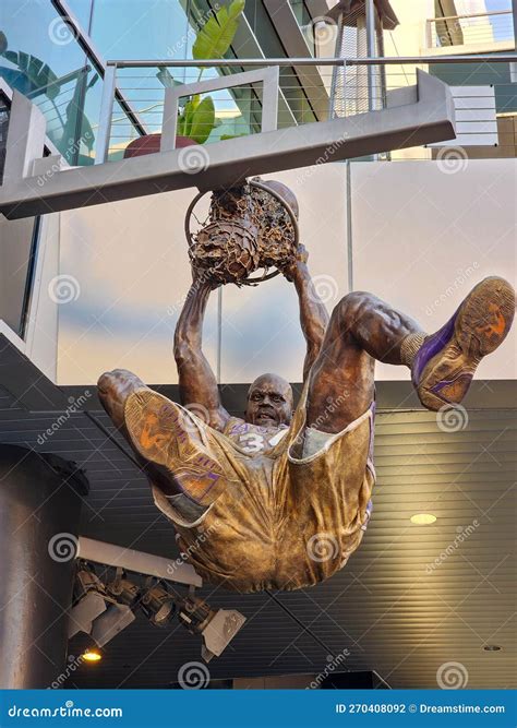 A Statue of Shaquille O Neal Dunking a Basketball a Lakers Uniform in ...