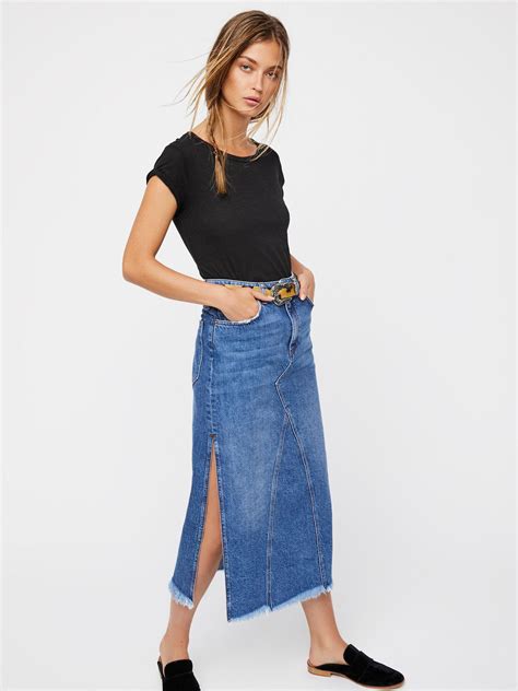 Lyst - Free People Walk In The Park Denim Midi Skirt in Blue