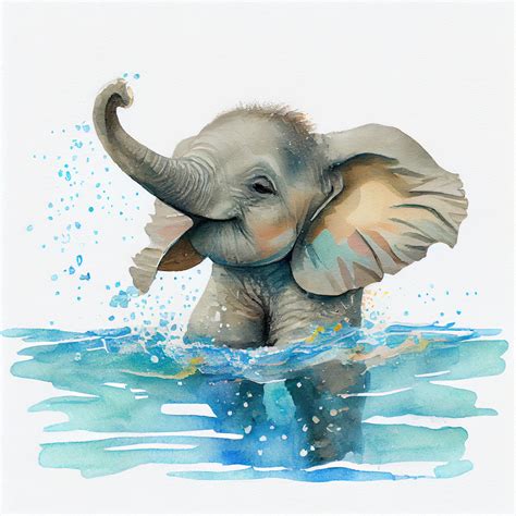 Cute Baby Elephant Splashing in Water Watercolor Digital Nursery Print ...