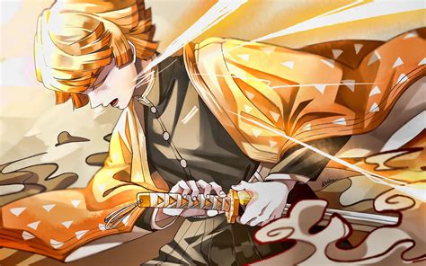 Download Zenitsu Agatsuma unleashes his thunder-breathing power in Demon Slayer Wallpaper ...