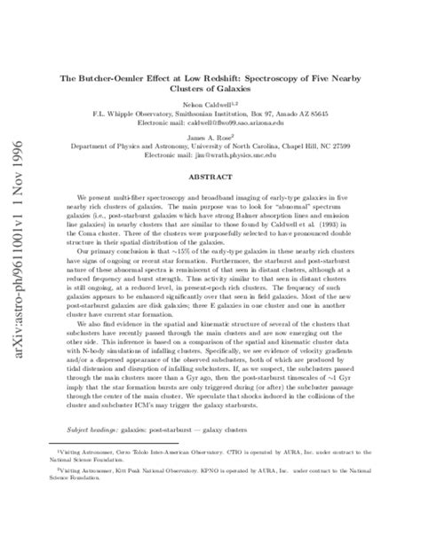 (PDF) The Butcher-Oemler Effect at Low Redshift: Spectroscopy of Five Nearby Clusters of ...