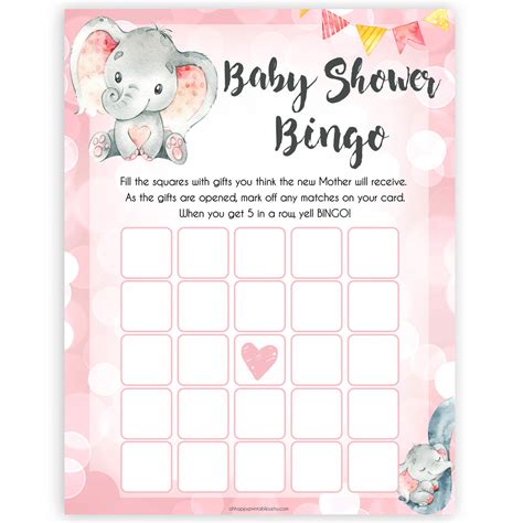 Baby Shower Bingo - Pink Elephant Printable Baby Printable Games ...