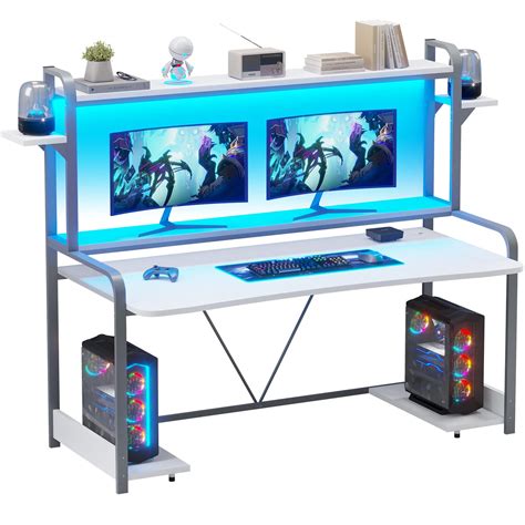 Buy SEDETA White Gaming Desk, 55" Computer Desk with Storage, LED Lights, Hutch & Monitor Shelf ...