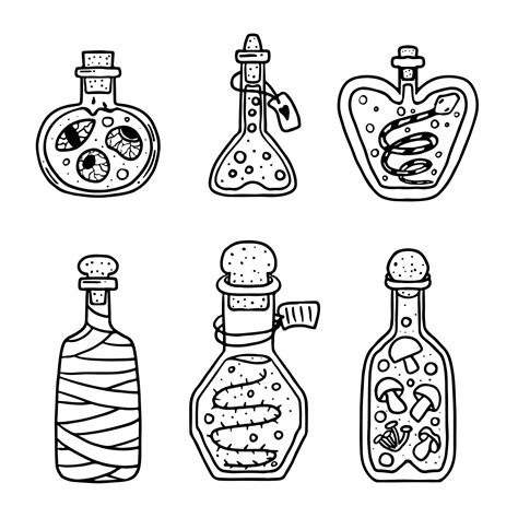 Potion bottle collection in hand drawn doodle style. Witch glass bottles with potion. Witchcraft ...