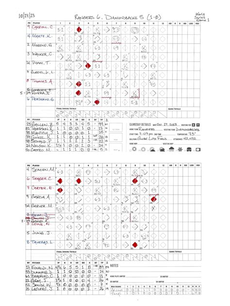 "Game 1 - 2023 World Series scorebook" (Original art by Levi Weaver)