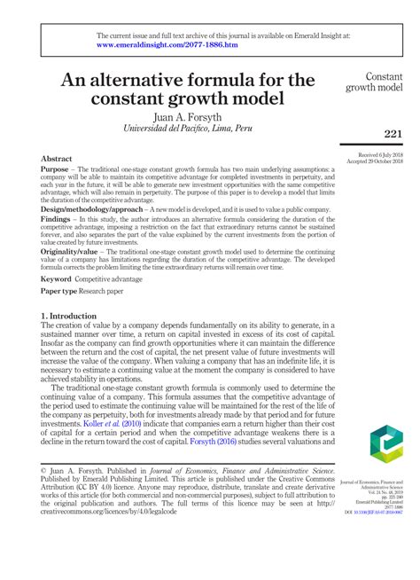 (PDF) An alternative formula for the constant growth model