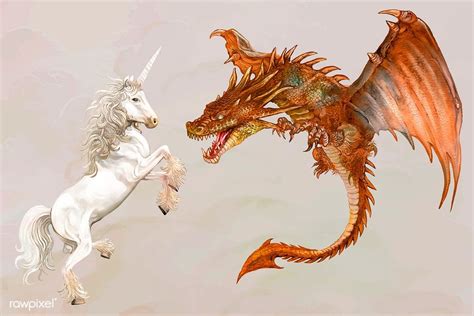 Unicorn and a dragon in action vector | premium image by rawpixel.com | Dragon wall mural ...