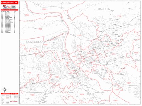 Harrisburg Pennsylvania Zip Code Wall Map (Red Line Style) by MarketMAPS