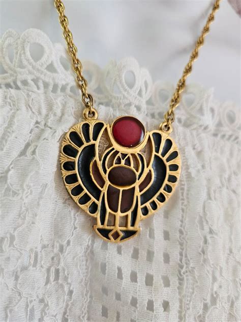 Vintage Large Egyptian Scarab Necklace Pendant Gold E… - Gem