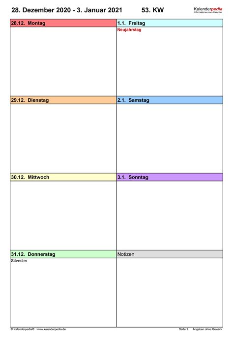 Wochenkalender 2021 als PDF-Vorlagen zum Ausdrucken