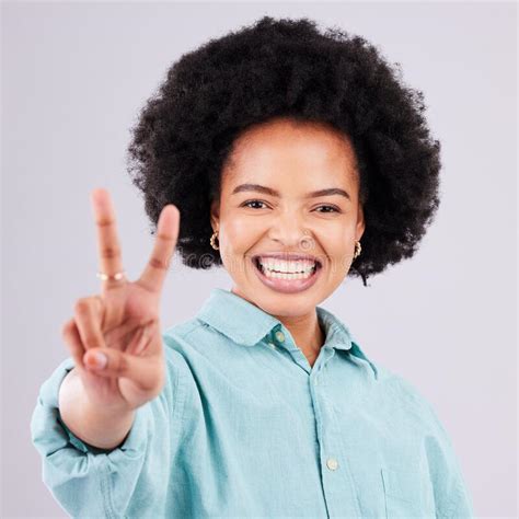 Smile, Peace Sign and Portrait of Black Woman in Studio for Positive ...