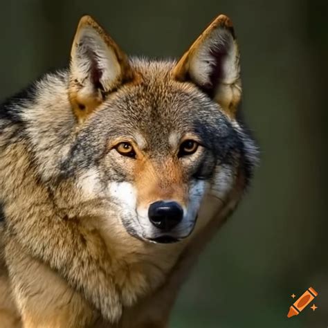 A brown wolf whose underbelly is gray, has small tan specks on its ...