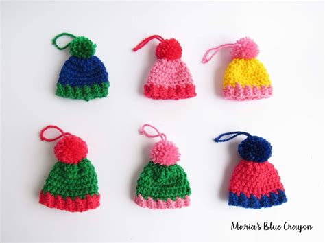 Crochet Christmas Ornaments - Mini Pom Pom Beanies Free Pattern - Maria's Blue Crayon