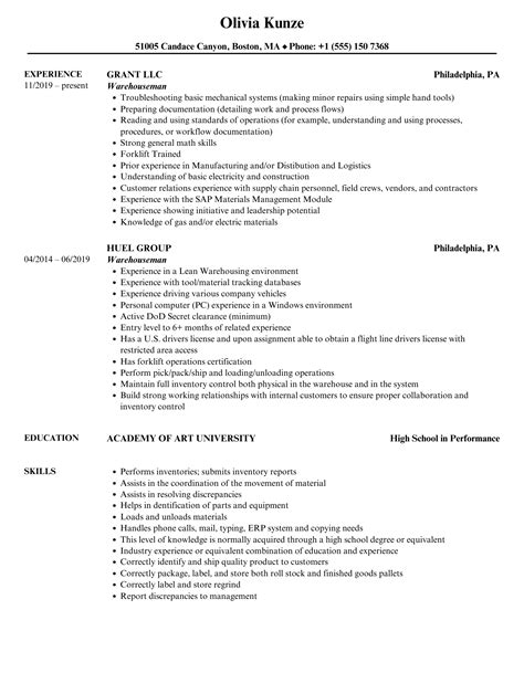 Warehouseman Resume Samples | Velvet Jobs