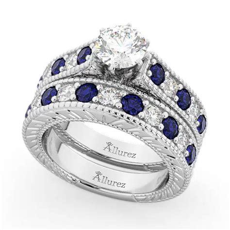 Antique Diamond & Sapphire Bridal Ring Set 14k White Gold 2.87ct - U3081