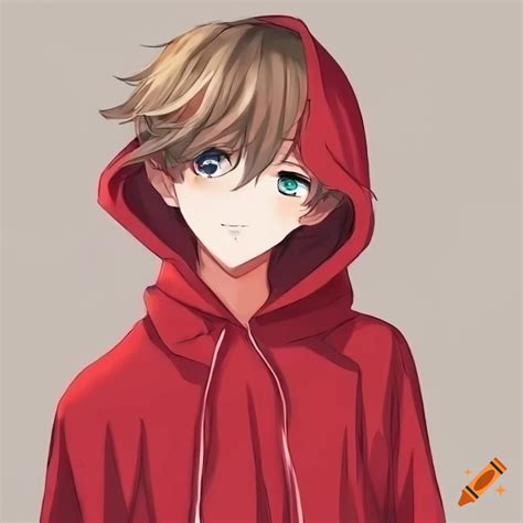 An anime boy with an open red hoodie and shirt with light brown hair