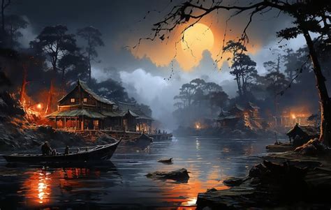 Premium AI Image | A painting on canvas of a village on a river