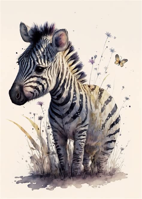 'Cute Baby Zebra Painting' Poster, picture, metal print, paint by Pixaverse | Displate